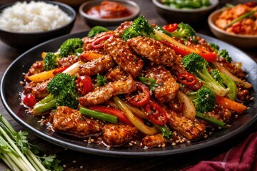 Fototapeta premium Spicy Korean pork stir fry served with fresh mixed vegetables