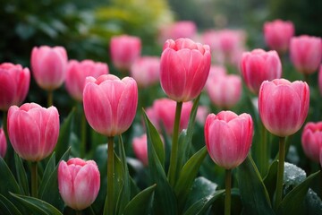 Fototapeta premium A colorful display of pink tulip blooms with a rich green foliage background