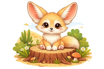 Fototapeta premium Adorable fennec fox sitting on a tree stump in a flat cartoon design