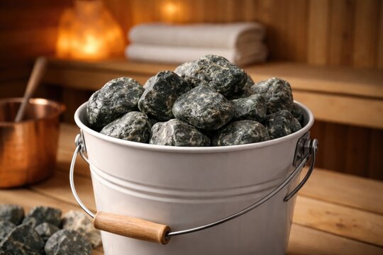 White bucket filled with serpentinite stones against sauna interior