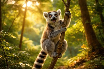 Fototapeta premium Happy lemur climbing a slender branch in a peaceful forest setting