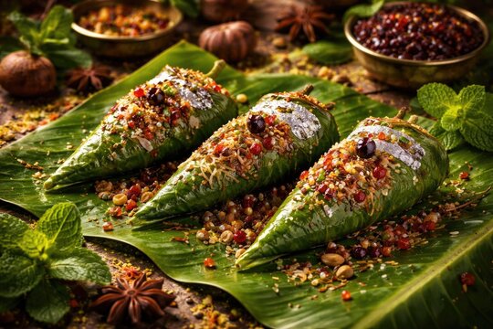 Traditional Indian mitha meetha masala paan served on fresh banana leaves with aromatic herbs and spices