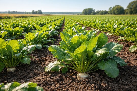 Lush sugar beet plants growing in cultivated farmland under clear sky