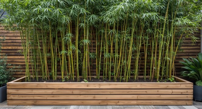 Wooden sleeper raised garden bed with green bamboo plants providing natural outdoor screening
