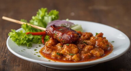Fototapeta premium Tasty chicken lollipop and spicy larb dish garnished with fresh vegetables side angle