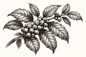 Obraz premium Monochrome graphic line art of coffee plant branch with detailed leaves and fruit cluster