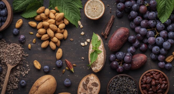 Flat lay of chromium rich healthy foods with grape, potato, and cocoa beans