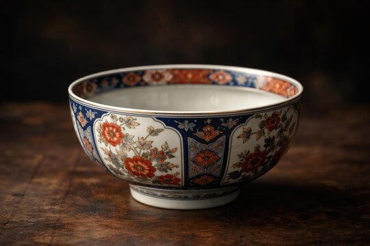 Japanese antique Imari ware porcelain rice bowl isolated on soft focus dark background