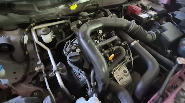 Close-up of a Car Engine with Various Mechanical Components