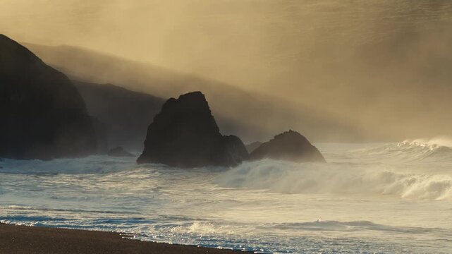 Misty Beach at Sunrise in Slow Motion