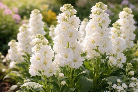White Matthiola Incana flowers blooming vibrantly in garden flowerbed