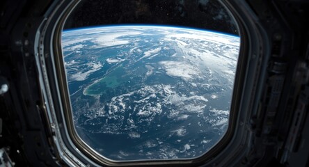 Fototapeta premium Window perspective showing Earth as seen from a space station