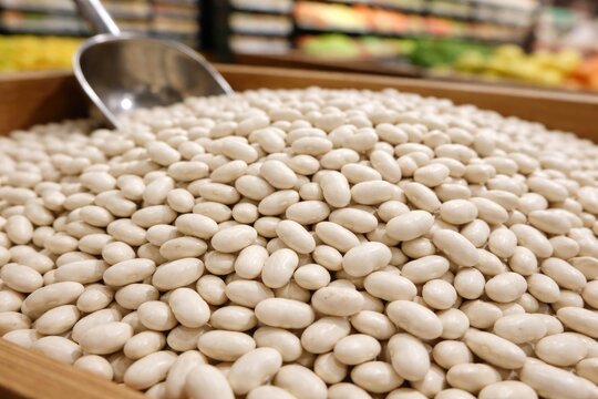 Close up detailed view of pale white beans known as navy beans in grocery store