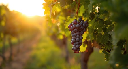 Naklejka premium Sunset lighting highlights ripe grapes clustered on the vine
