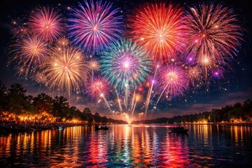 Obraz premium Colorful fireworks lighting up the night sky above a calm lake during festive celebrations