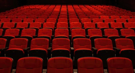Fototapeta premium Unoccupied carmine chairs positioned in neat rectangular rows in theater