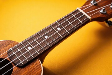 Fototapeta premium A vibrant yellow background highlighting a close up view of a detailed ukulele fretboard