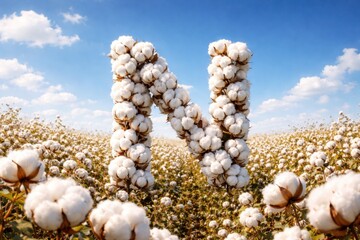 Fototapeta premium Cotton flowers forming the letter N in a vibrant cotton field under a bright daylight sky with copy space