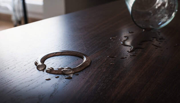 Spilled Water on Table: An accidental spill reveals the dance of liquid droplets and the subtle texture of the table, turning everyday moments into artistic abstraction.