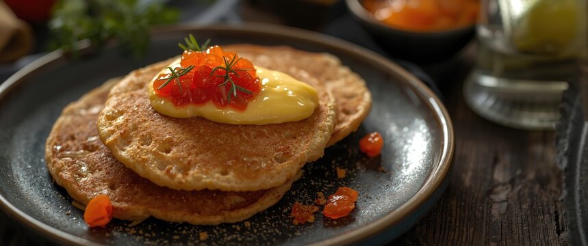 Outdoor vertical image of pancakes made from buckwheat served with caviar and smetana