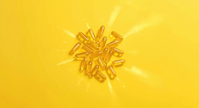 Yellow background with vitamin A pill capsules arranged for a flat lay and copy space area