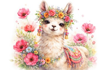 Fototapeta premium Playful Llama Decorated with Flowers in Watercolor Style on White Background