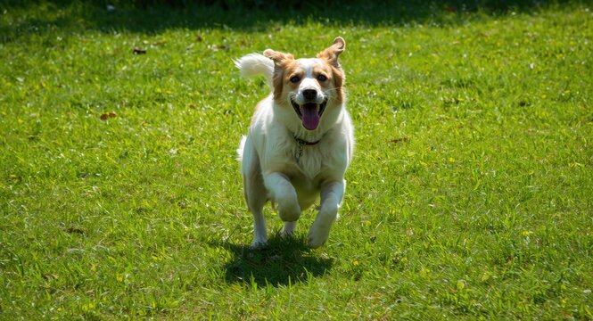 Energetic dog romping happily on bright green grass lawn full length view in summer sunshine