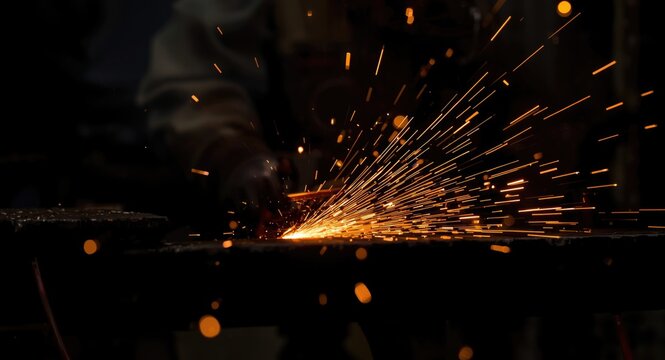 Workshop scene showing glowing molten metal and thermit welding sparks flying in dark atmosphere