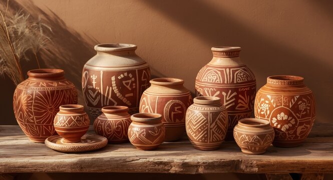 Marajoara geoglyph style clay pottery displayed as artisan market souvenirs