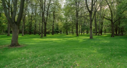 Obraz premium Wide grass surface texture mixed with tall trees and natural park elements