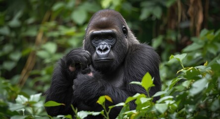 Naklejka premium Western Lowland Gorilla female grooming herself in lush forest