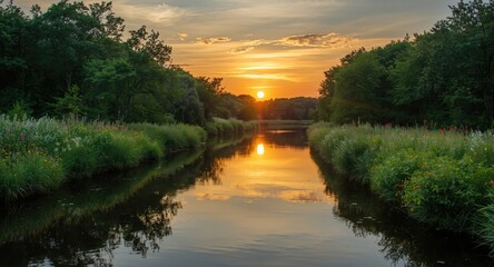 Obraz premium Sunset over placid river with colorful wildflowers and dense foliage reflecting clearly in water copy space