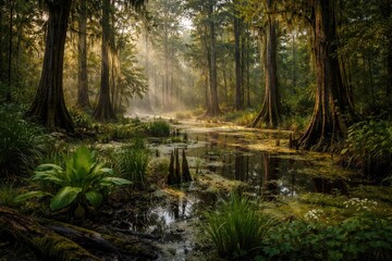 Obraz premium Sunlight Streams Through Dense Freshwater Swamp Forest Vegetation