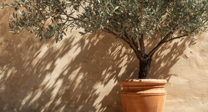 Earthy Mediterranean home design with terracotta planter and olive tree shade over a beige textured weathered wall