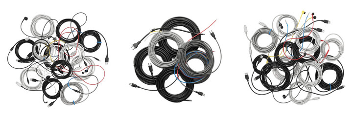 Naklejka premium Set of Assorted Electric Cables Wires and Power Cords Coiled Isolated on Transparent Background