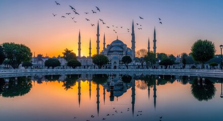 Naklejka premium Golden hour over city skyline with birds and water reflection