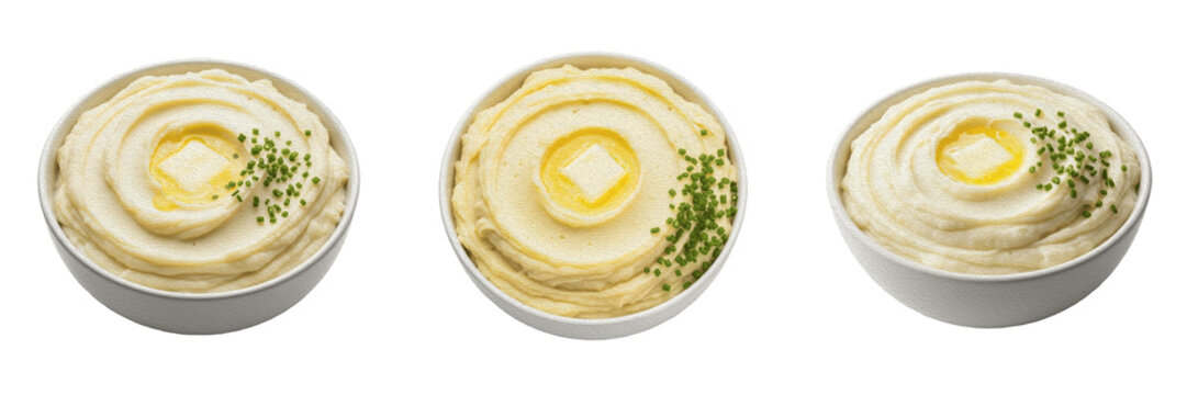 Set of Creamy Mashed Potatoes with Melting Butter and Fresh Chives PNG