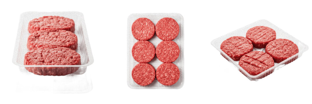 Set of Raw Beef Burger Patties in Plastic Tray Packaging PNG