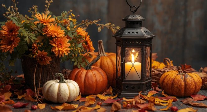 Watercolor scene of rustic lantern glowing with candlelight among autumn flowers, pumpkins, and scattered fall leaves