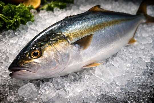 Fresh Amberjack Fish Displayed on Ice with Shiny Scales