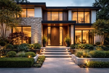 Fototapeta premium Modern house facade featuring a landscaped garden and main door
