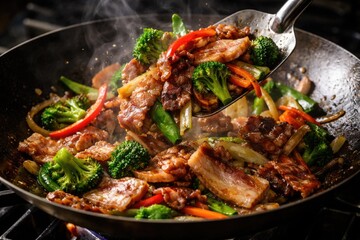 Fototapeta premium Stir frying fresh vegetables with crispy bacon and thin pork belly slices