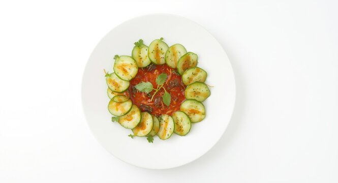 Sliced cucumber Rujak with fiery dressing and fragrant herbs styled authentically on white