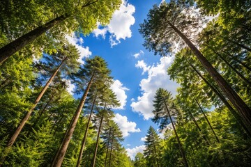 Fototapeta premium Gorgeous Nature Scene Featuring Tall Tree Canopies Against a Bright Blue Sky with Clouds