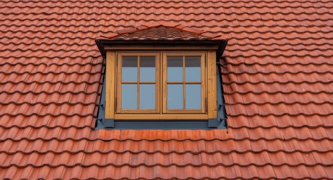 Wood framed attic roof hatch and window above red clay tile sloped roofing