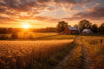 Fototapeta premium Golden sunset over peaceful rural farmland landscape