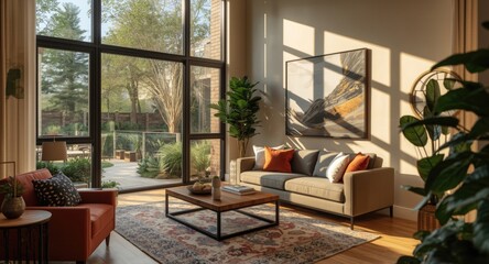Fototapeta premium welcoming living room filled with warm sunlight from large glass window