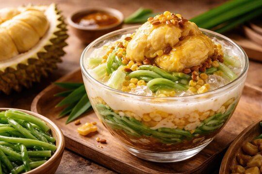 Delicious durian infused jelly cendol dessert with copy space for text