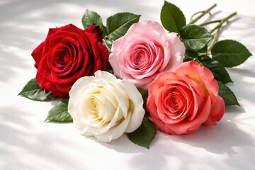 Naklejka premium Four Vibrant Roses on White Surface with Soft Shadows