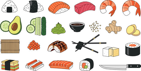 Japanese Food Sushi Vector Set with Salmon Nigiri Rolls Wasabi and Asian Cuisine © ABDUL HAKIM